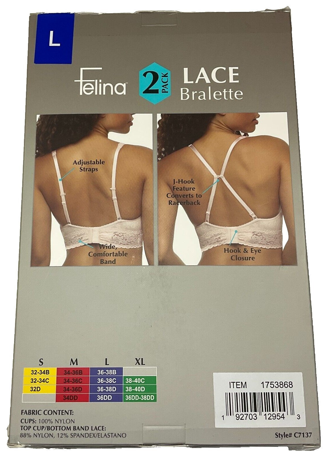 Felina Ladies' Lace Bralette, 2-pack - New in Box (1753868)