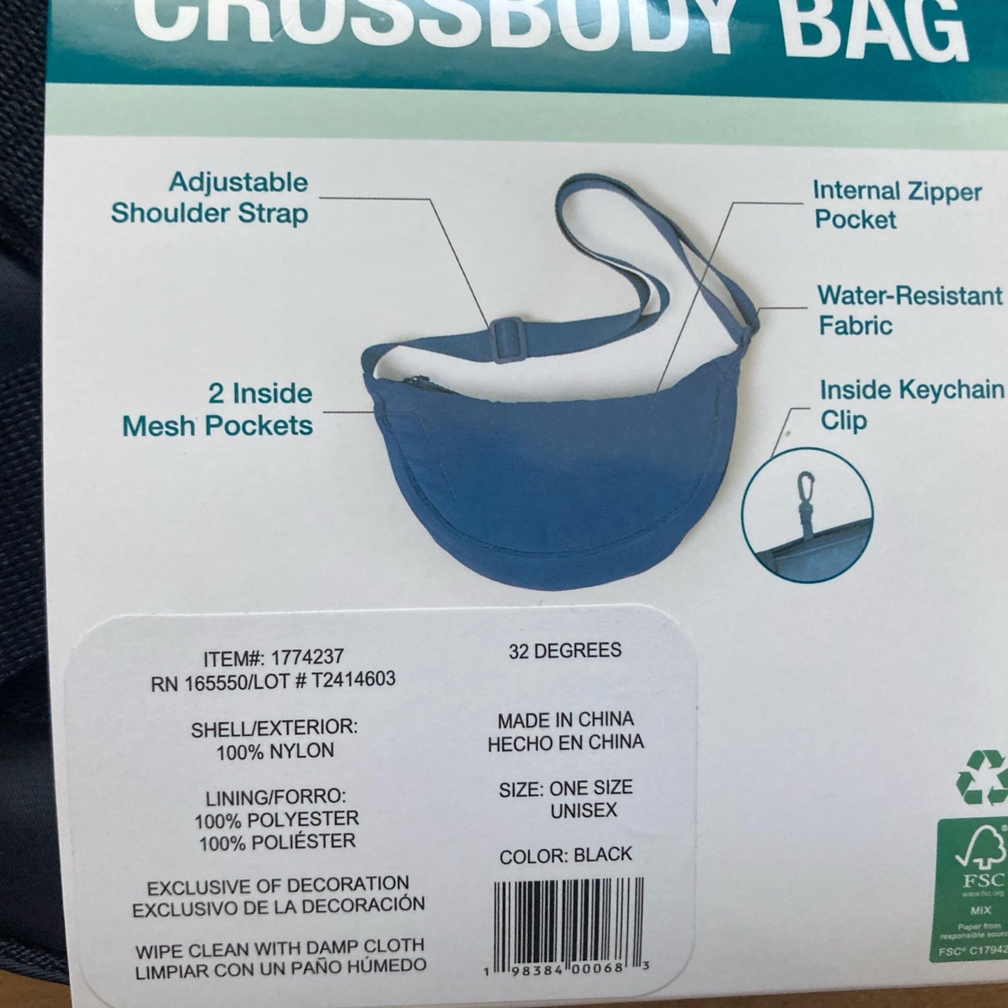 32 Degrees Unisex Crossbody Bag ,Water Resistant Blue/ Black ,adjustable Strap