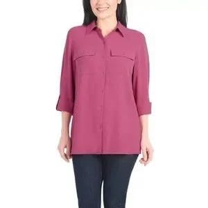 Hilary Radley Women's Roll Tab Sleeve Button Down Crinkle Blouse Top 1806614