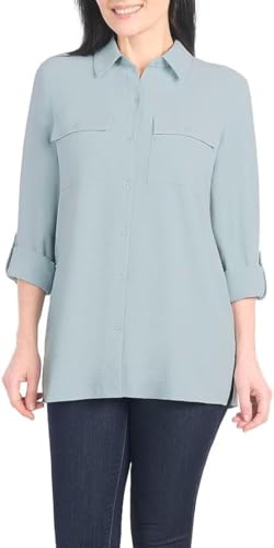 Hilary Radley Women's Roll Tab Sleeve Button Down Crinkle Blouse Top 1806614