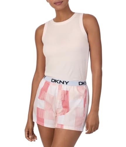 1865558 DKNY Women's 2 Piece Outfit Clothing Set - Tank Top & Short (Pearl Cream Pink Plaid Stripe Print