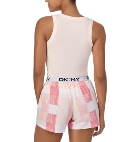 1865558 DKNY Women's 2 Piece Outfit Clothing Set - Tank Top & Short (Pearl Cream Pink Plaid Stripe Print