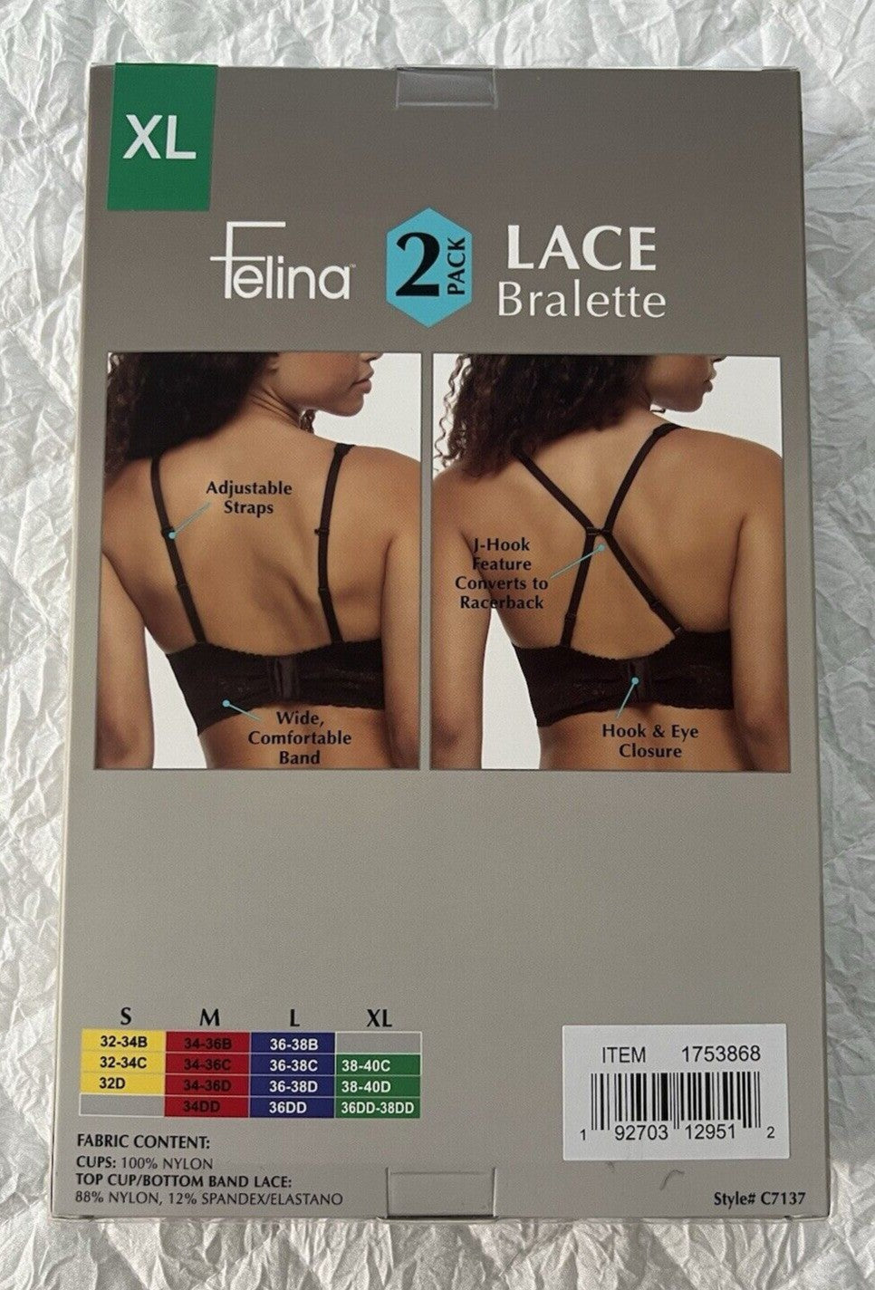 Felina Ladies' Lace Bralette, 2-pack - New in Box (1753868)