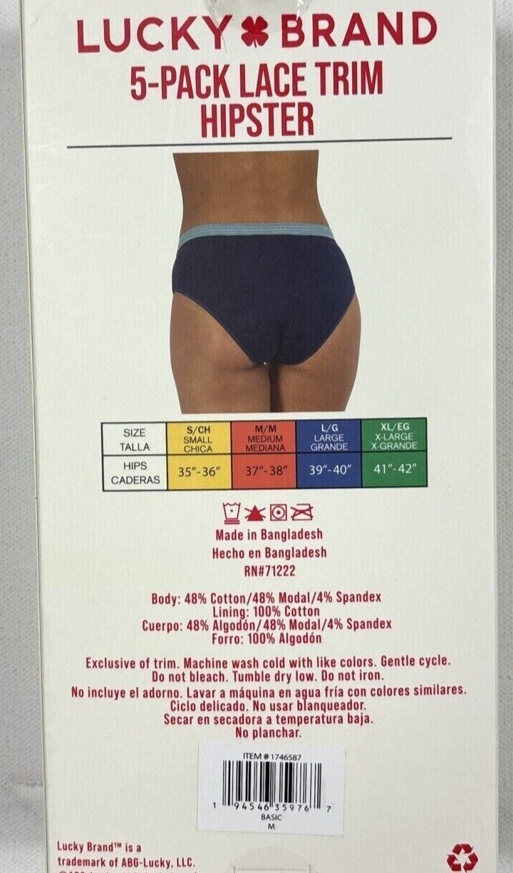 LUCKY BRAND Womens Underwear 5 Pack Lace Trim Hipster Panties (1746587)