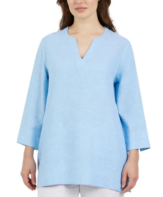 New! Women's Lands' End Linen Blend Notch Neck 3/4 Sleeve Tunic Top! (1758415)