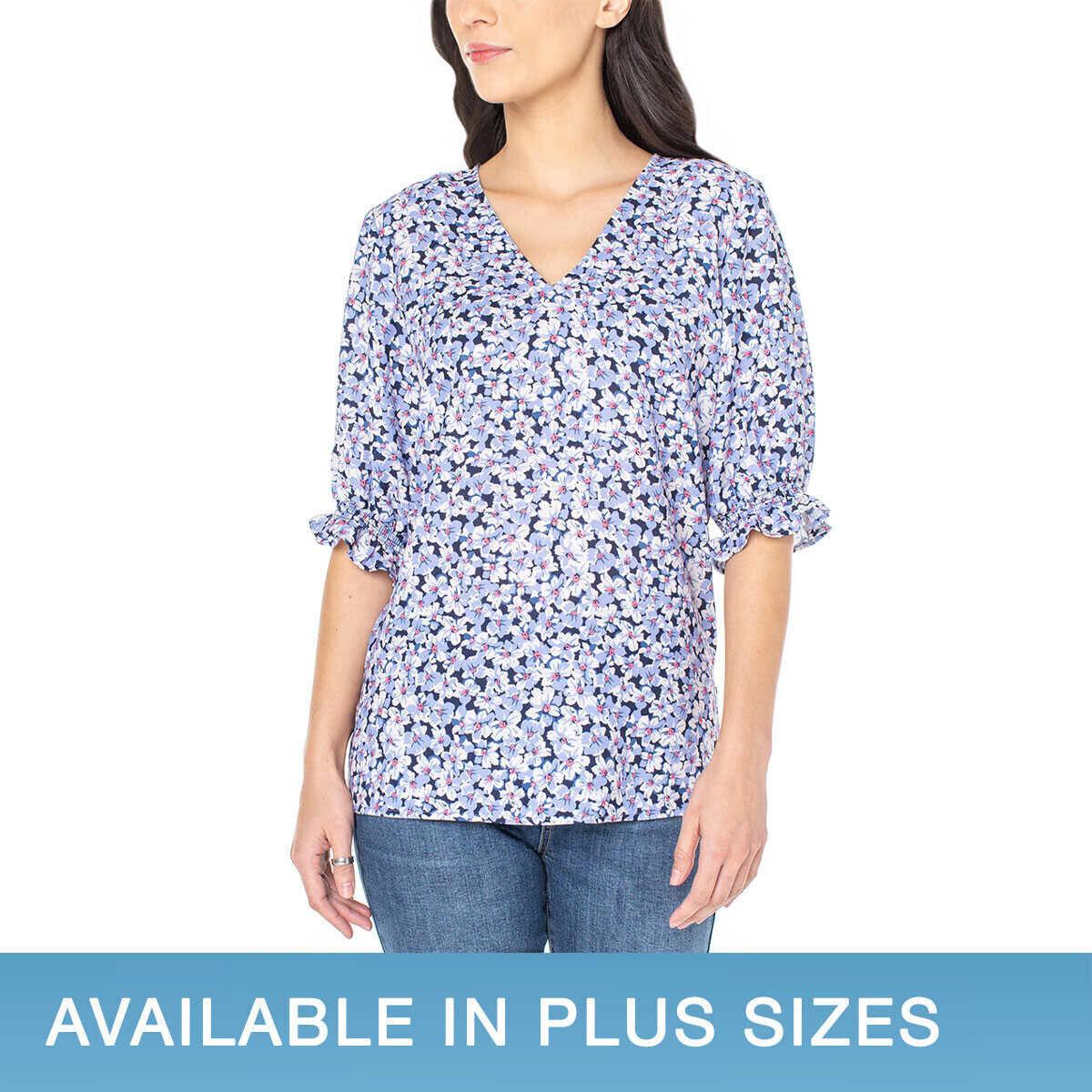 Well Worn Women's V Neck Blouse Quarter Balloon Sleeve Side Slit (1685889)
