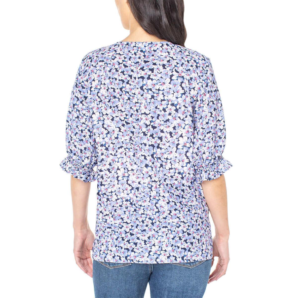 Well Worn Women's V Neck Blouse Quarter Balloon Sleeve Side Slit (1685889)