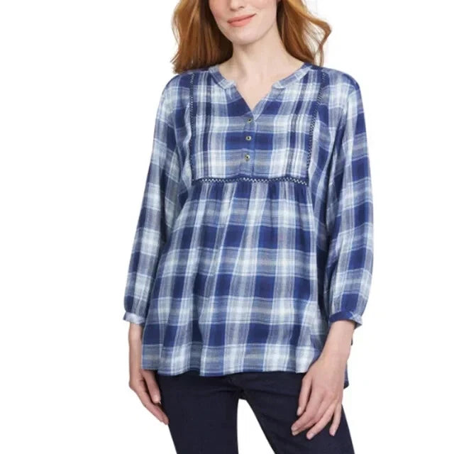 Wrangler Womens Blouse Plaid 3/4 Sleeves Lightweight Elastic Cuffs 1815407