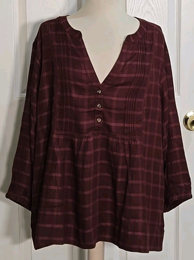Wrangler Womens Blouse Plaid 3/4 Sleeves Lightweight Elastic Cuffs 1815407