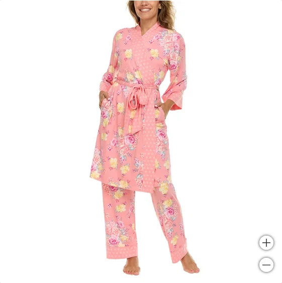 Flora Nikrooz Women's Floral 3-piece Tank Top Pants Pajamas Robe, Pink SMALL