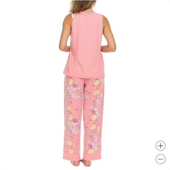 Flora Nikrooz Women's Floral 3-piece Tank Top Pants Pajamas Robe, Pink SMALL