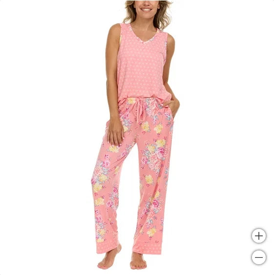 Flora Nikrooz Women's Floral 3-piece Tank Top Pants Pajamas Robe, Pink SMALL