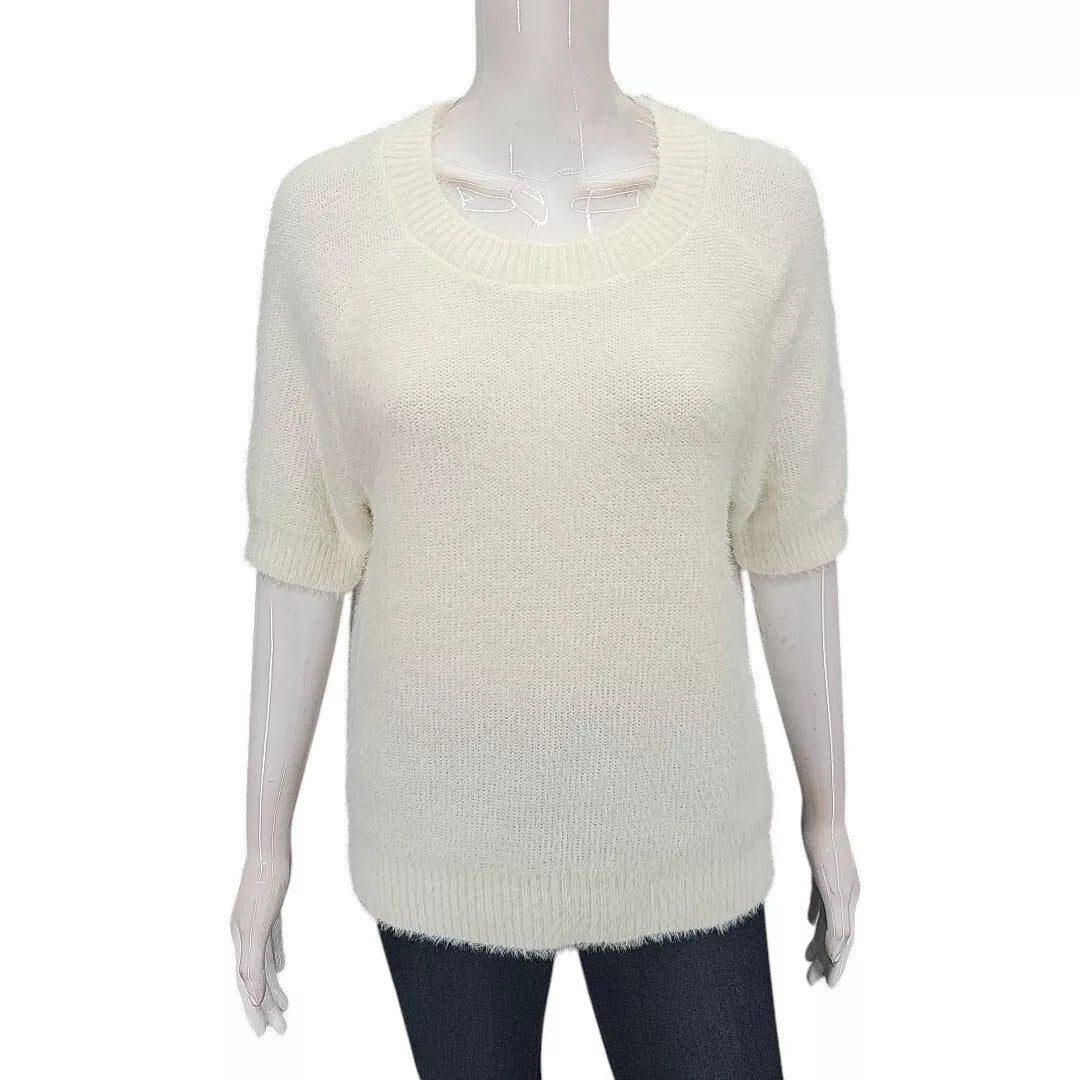 Matty M Ladies Short Sleeves Eyelash Sweater Medium Size Ivory Pullover Top - 1822505