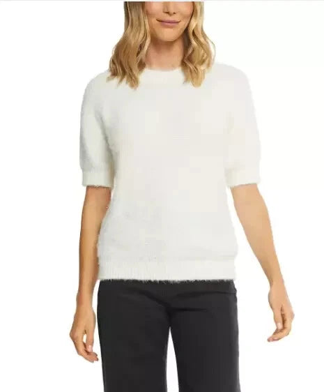 Matty M Ladies Short Sleeves Eyelash Sweater Medium Size Ivory Pullover Top - 1822505
