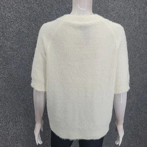 Matty M Ladies Short Sleeves Eyelash Sweater Medium Size Ivory Pullover Top - 1822505