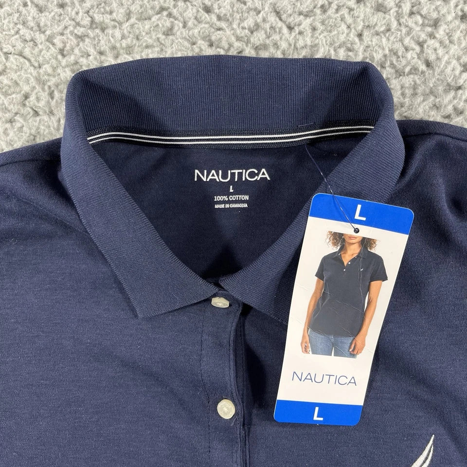 WOMENS LARGE NAVY BLUE SHORT SLEEVE COTTON NWT NEW COLLARED (1669206)