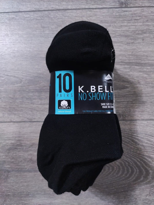 K Bell Women's Shoe Size 5.5-10 Black No Show Socks 10 Pairs NW 1227349