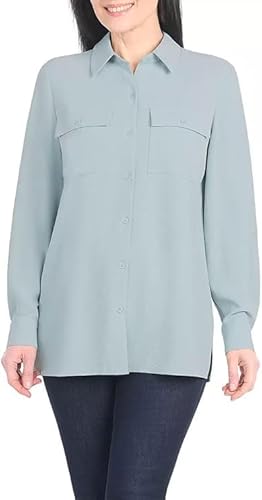 Hilary Radley Women's Roll Tab Sleeve Button Down Crinkle Blouse Top 1806614