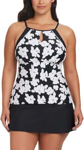 ELLEN TRACY Womens 2 Piece Lightweight Tankini Swimsuit Set (US, Alpha, Large, Regular, Regular, Black Garden Sports) 1842851