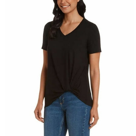 Matty Ladies Twist Knot Top Short Sleeve V-Neck Stretch Knit Fabric 1672890