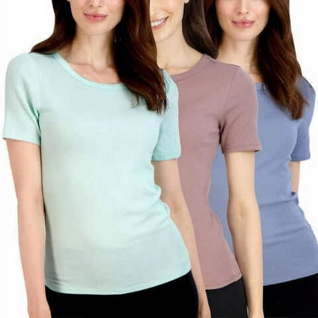 Lucky Brand Ladies’ Ribbed Crew Neck T-Shirt 3-Pack Green/Blue/Mauve Large 1670897