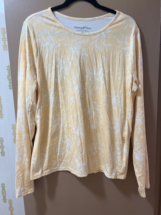 Hang Ten Women Floral UPF 50+ Long Sleeve Tee Yellow XL Rash Guard Zip Pocket - NEW W/OUT TAGS
