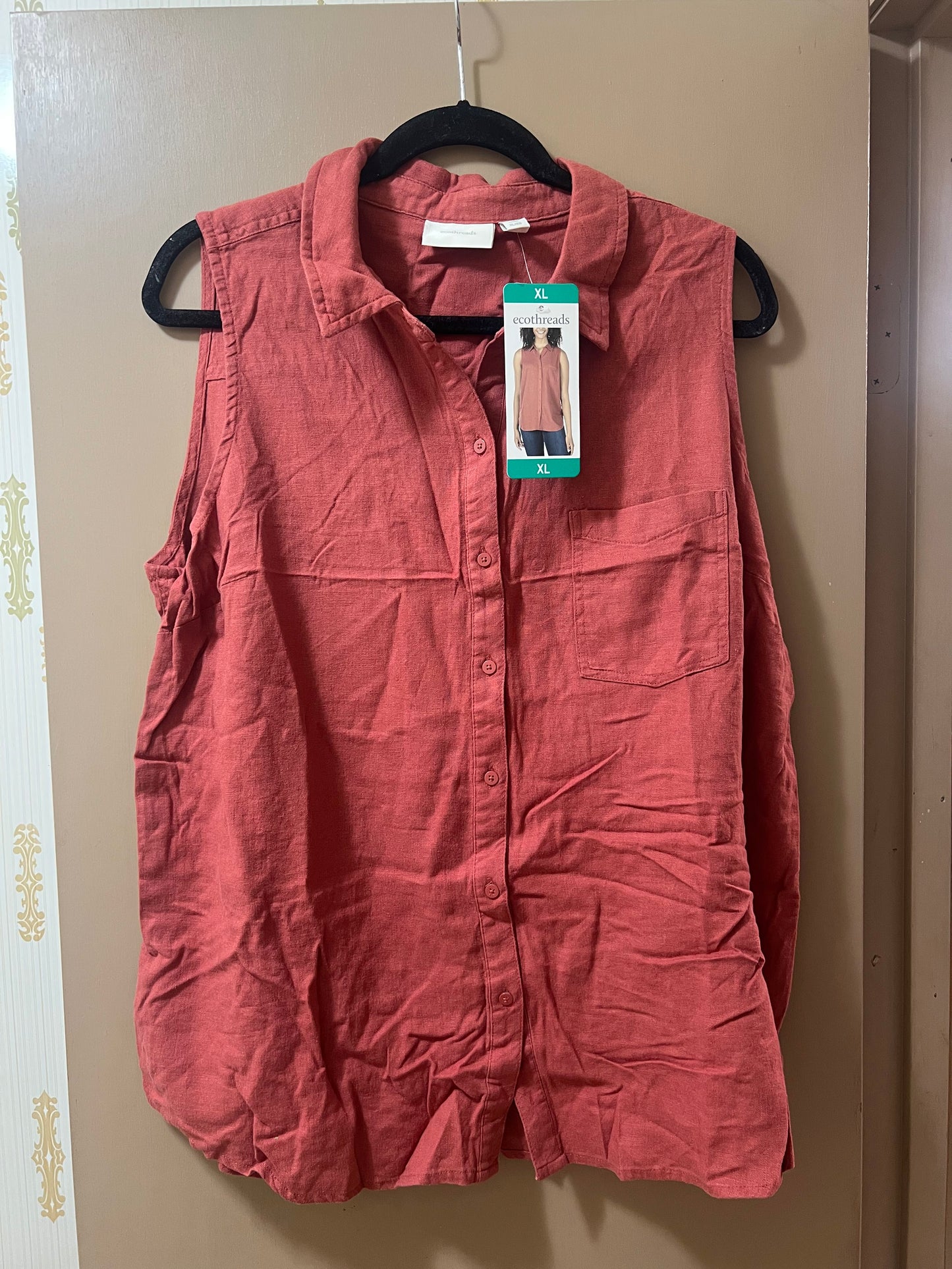 Ecothreads Red Button Up Linen Sleeveless Blouse Size XL