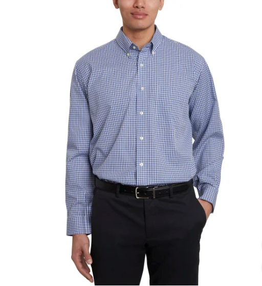 Kirkland Signature Mens Traditional Fit Dress Shirt, Blue Gray White Mini Check