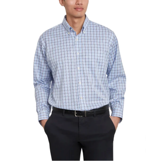 Kirkland Signature Mens Traditional Fit Dress Shirt, Navy White Twill Plaid