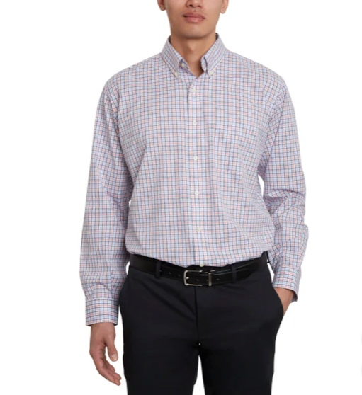 Kirkland Signature Mens Traditional Fit Dress Shirt, Navy Orange White Tattersall
