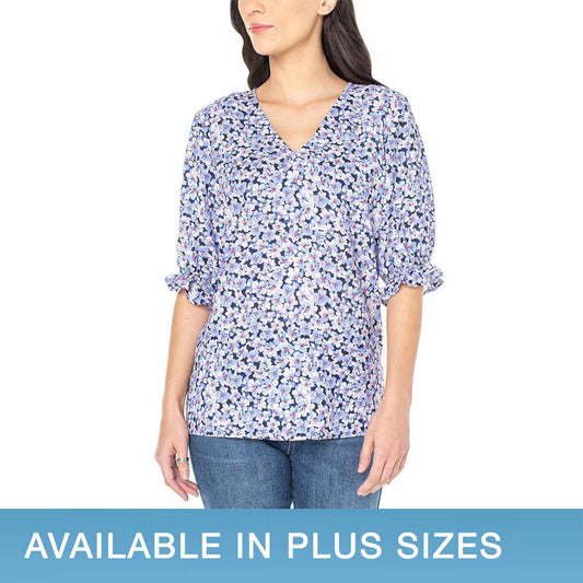 Well Worn Women's V Neck Blouse Quarter Balloon Sleeve Side Slit (1685889)