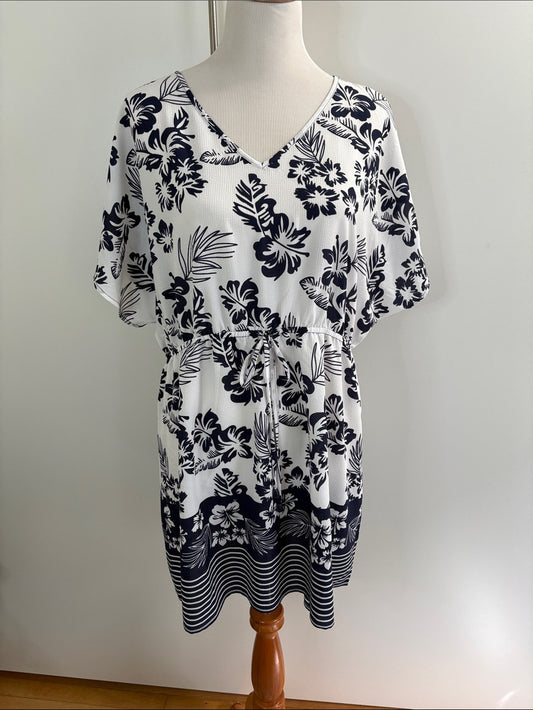 Mario Serrani White and Navy Floral V-Neck Drawstring Dress Small - NEW W/OUT TAGS