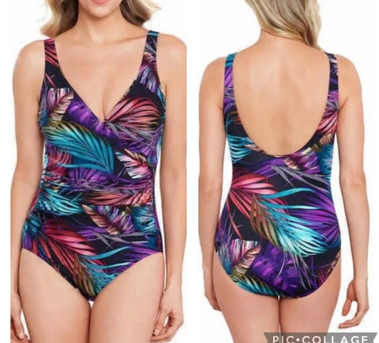 NWT MIRADONA MIRACLE SUIT 1707290 BAHAMA PALMS ONE PIECE SWIMSUIT SZ 16