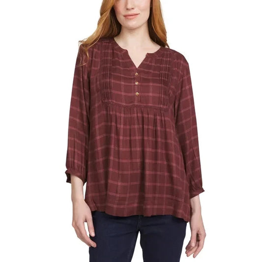 Wrangler Womens Blouse Plaid 3/4 Sleeves Lightweight Elastic Cuffs 1815407