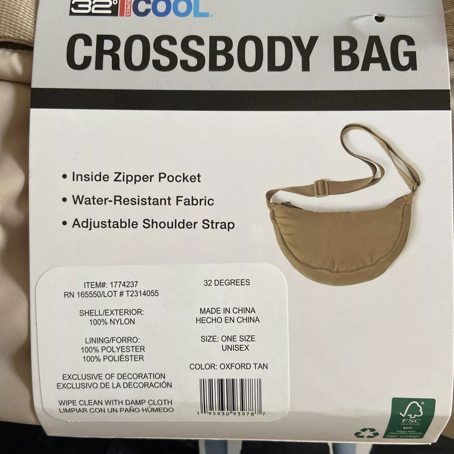32 DEGREES Cool Crossbody Bag Purse Tan Unisex Water Resistant Zip Light Adjust( 1774237)